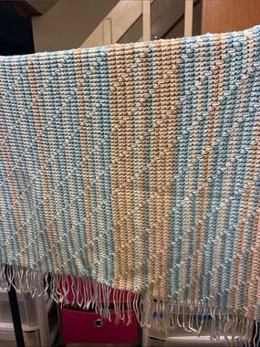 Handwoven Cream & Light Blue Striped Throw Blanket